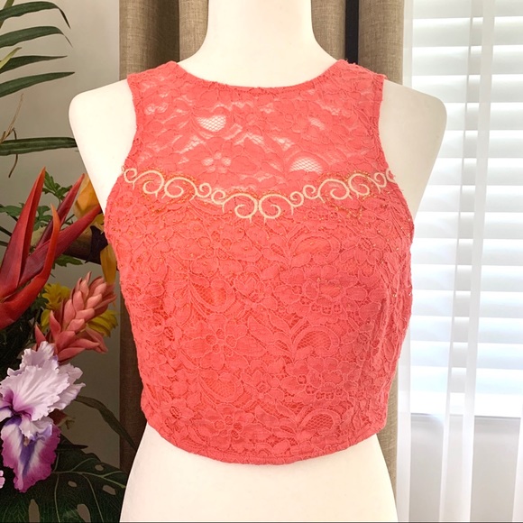 3/$15 Lush Sweetheart Lace Beaded Crop Top in Coral - Picture 1 of 9